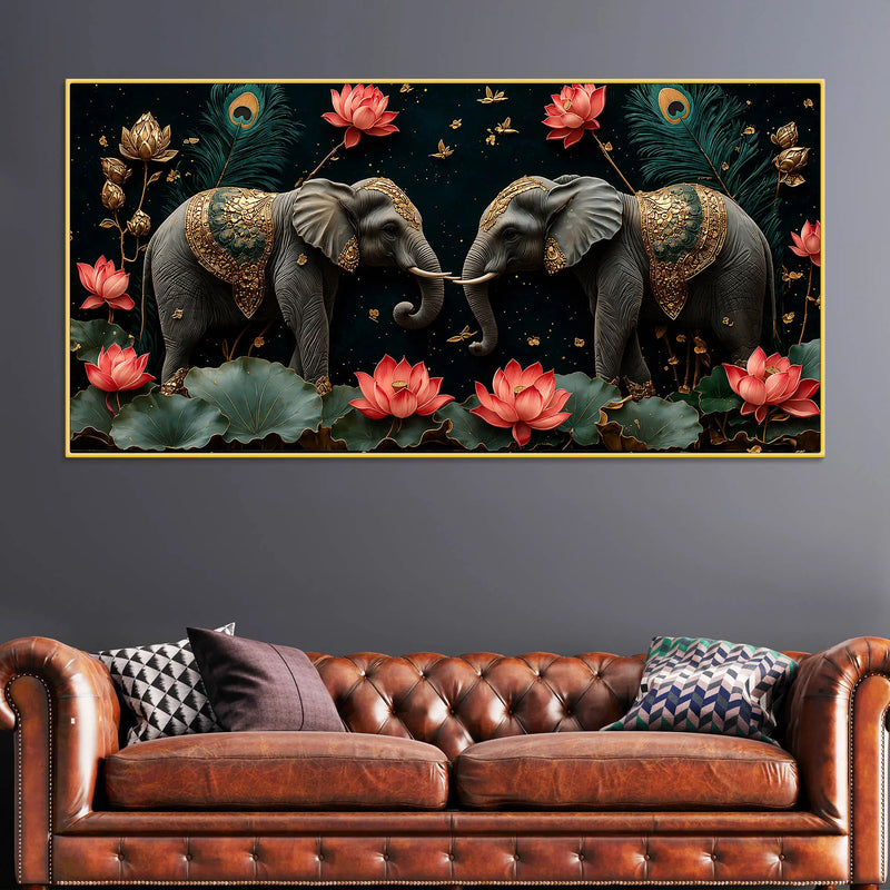 Twin Royal Elephants with Blooming Lotus 3D Canvas Wall Painting