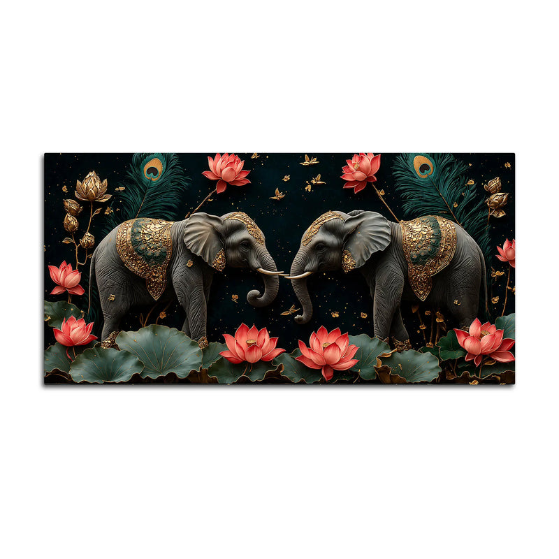 Twin Royal Elephants with Blooming Lotus 3D Canvas Wall Painting