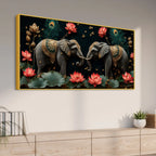 Twin Royal Elephants with Blooming Lotus 3D Canvas Wall Painting