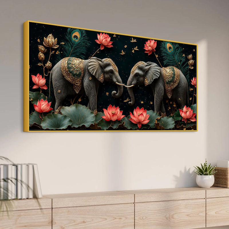 Twin Royal Elephants with Blooming Lotus 3D Canvas Wall Painting