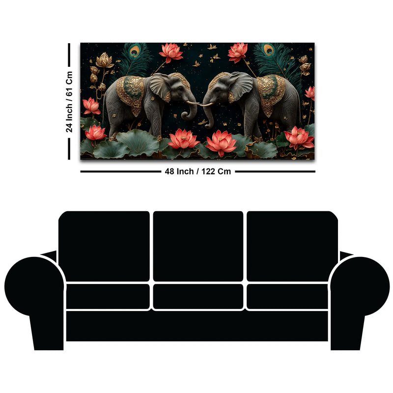 Twin Royal Elephants with Blooming Lotus 3D Canvas Wall Painting