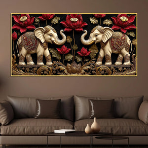 Twin Royal Elephants with Red Lotus 3D Canvas Wall Painting