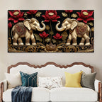 Twin Royal Elephants with Red Lotus 3D Canvas Wall Painting