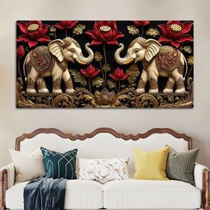 Twin Royal Elephants with Red Lotus 3D Canvas Wall Painting