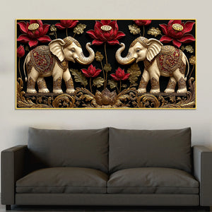 Twin Royal Elephants with Red Lotus 3D Canvas Wall Painting