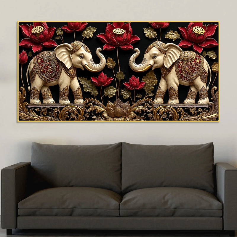 Twin Royal Elephants with Red Lotus 3D Canvas Wall Painting