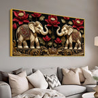 Twin Royal Elephants with Red Lotus 3D Canvas Wall Painting