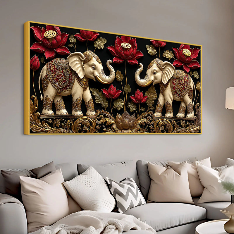 Twin Royal Elephants with Red Lotus 3D Canvas Wall Painting