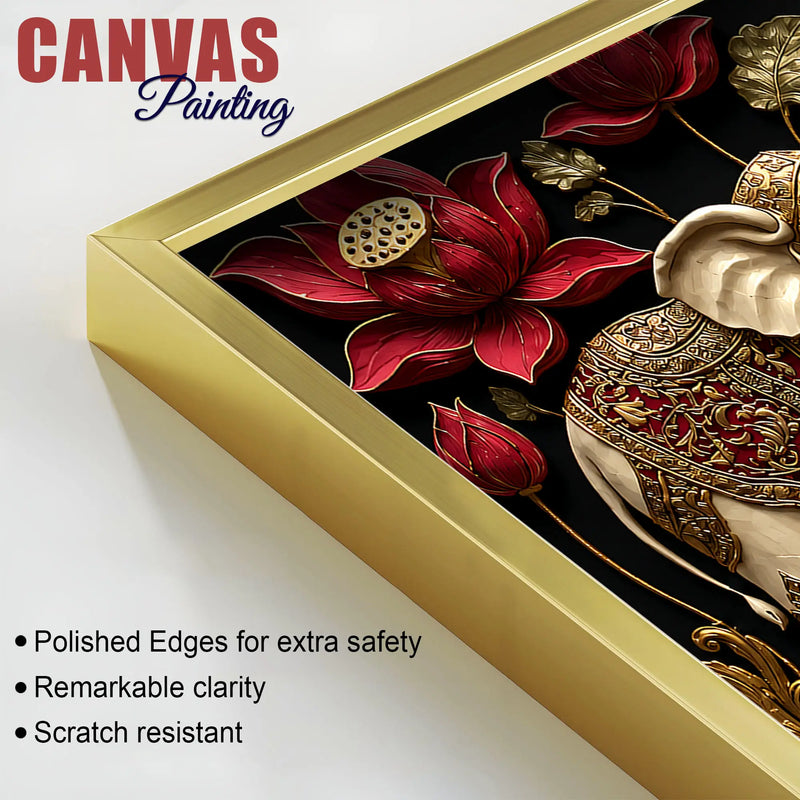 Twin Royal Elephants with Red Lotus 3D Canvas Wall Painting