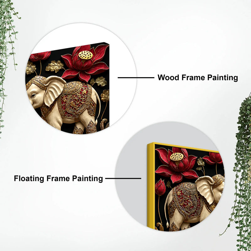 Twin Royal Elephants with Red Lotus 3D Canvas Wall Painting