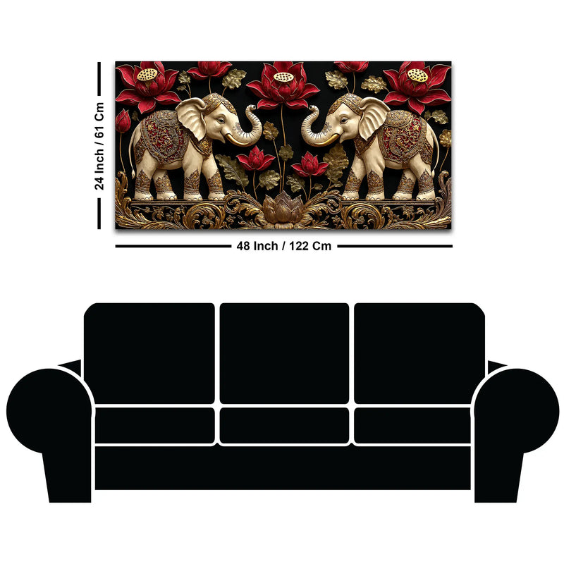 Twin Royal Elephants with Red Lotus 3D Canvas Wall Painting