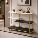 Two Different Colored Surfaces Four-Tier White & Black Marble Gold Console Table