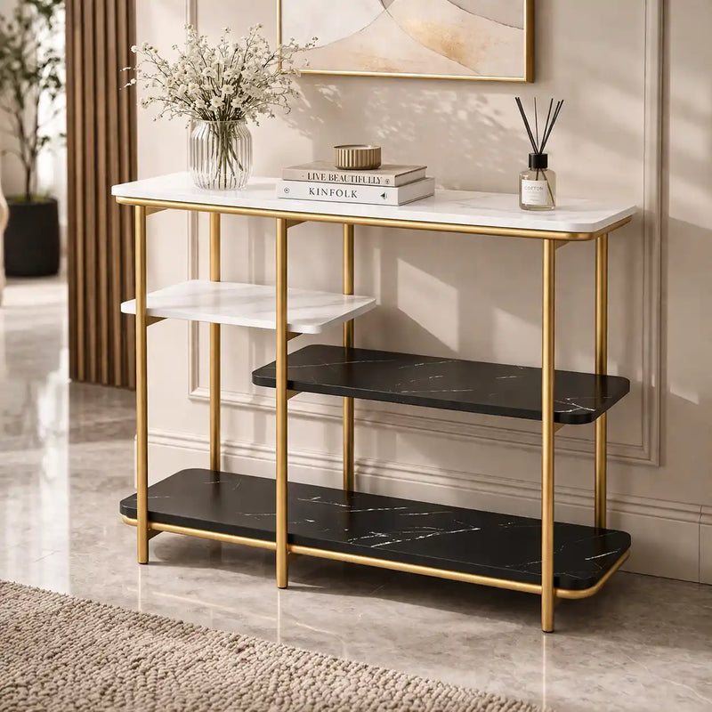 Two Different Colored Surfaces Four-Tier White & Black Marble Gold Console Table