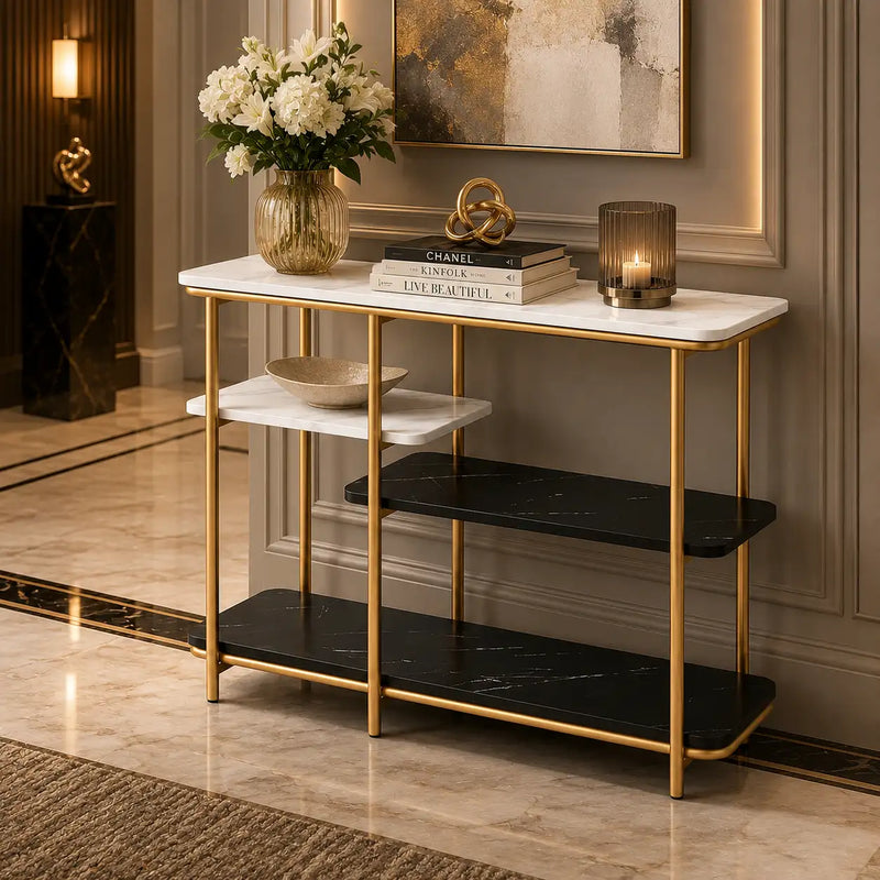 Two Different Colored Surfaces Four-Tier White & Black Marble Gold Console Table