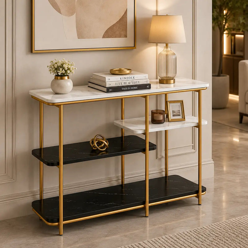 Two Different Colored Surfaces Four-Tier White & Black Marble Gold Console Table