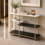 Two Different Colored Surfaces Four-Tier White & Black Marble Gold Console Table