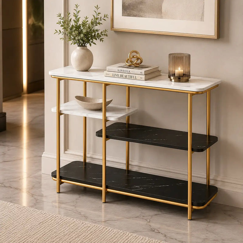 Two Different Colored Surfaces Four-Tier White & Black Marble Gold Console Table