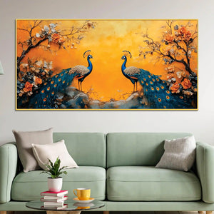 Two Marvellous Peacock Under a Golden Sky Canvas Wall Painting