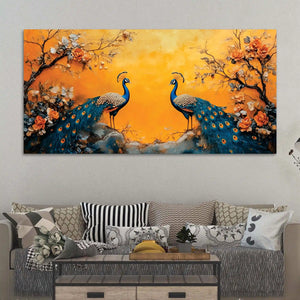 Two Marvellous Peacock Under a Golden Sky Canvas Wall Painting