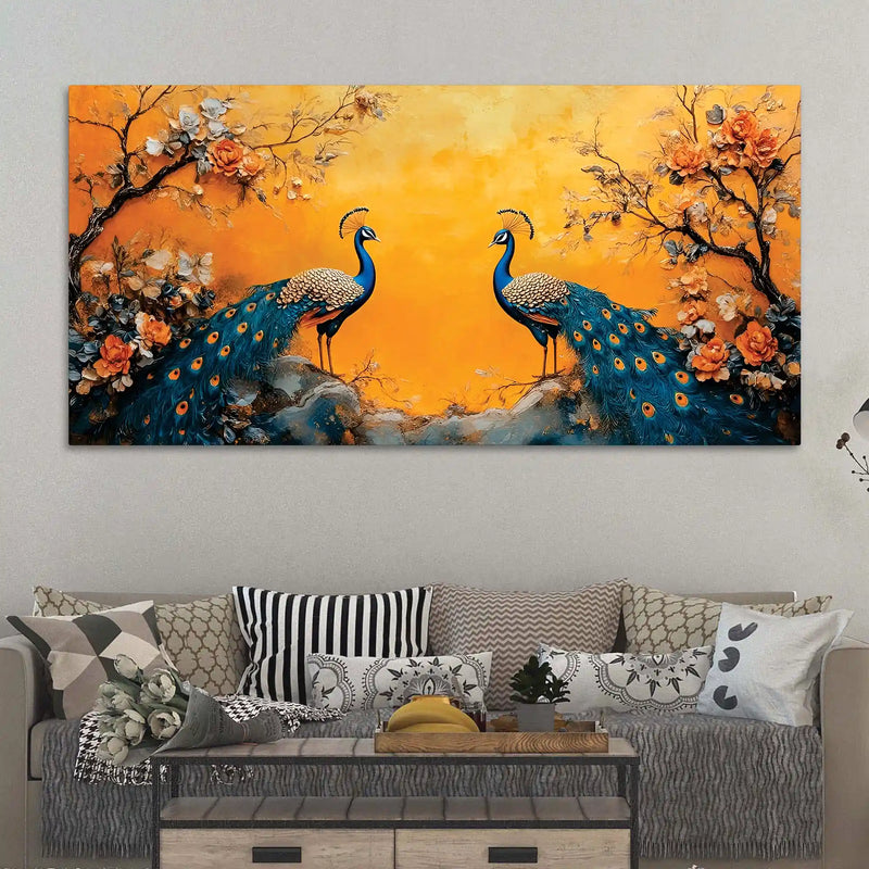 Two Marvellous Peacock Under a Golden Sky Canvas Wall Painting