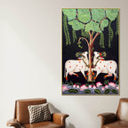 Two Sacred Cow Under Tree Pichwai Canvas Wall Painting for Home Decor