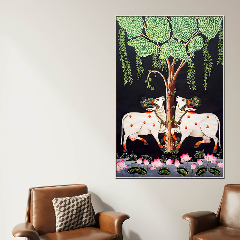 Two Sacred Cow Under Tree Pichwai Canvas Wall Painting for Home Decor