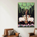 Two Sacred Cow Under Tree Pichwai Canvas Wall Painting for Home Decor