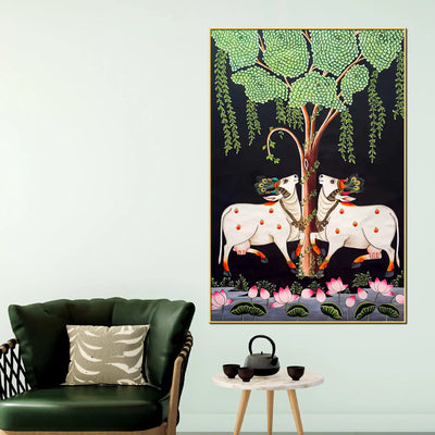 Two Sacred Cow Under Tree Pichwai Canvas Wall Painting for Home Decor