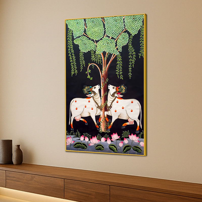 Two Sacred Cow Under Tree Pichwai Canvas Wall Painting for Home Decor