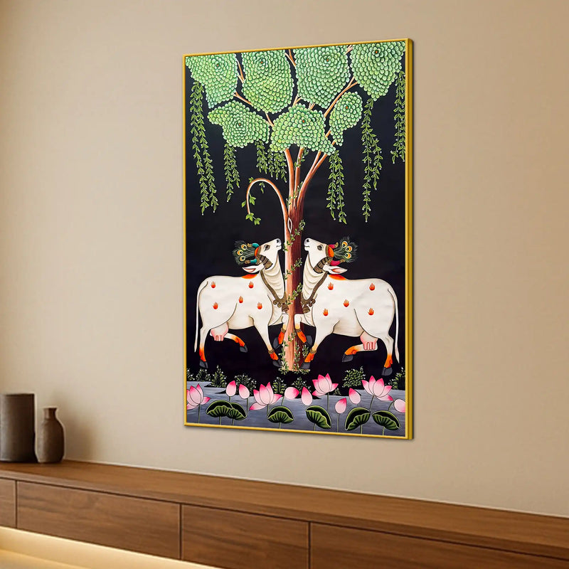 Two Sacred Cow Under Tree Pichwai Canvas Wall Painting for Home Decor