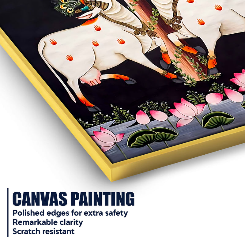 Two Sacred Cow Under Tree Pichwai Canvas Wall Painting for Home Decor