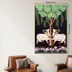 Two Sacred Cow Under Tree Pichwai Canvas Wall Painting for Home Decor