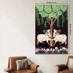 Two Sacred Cow Under Tree Pichwai Canvas Wall Painting for Home Decor
