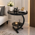 Two-Tier Stylish Round Contemporary Black Marble Side Table