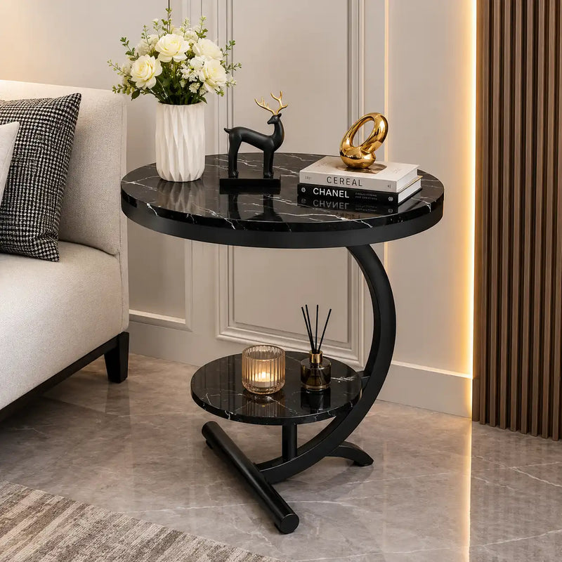 Two-Tier Stylish Round Contemporary Black Marble Side Table