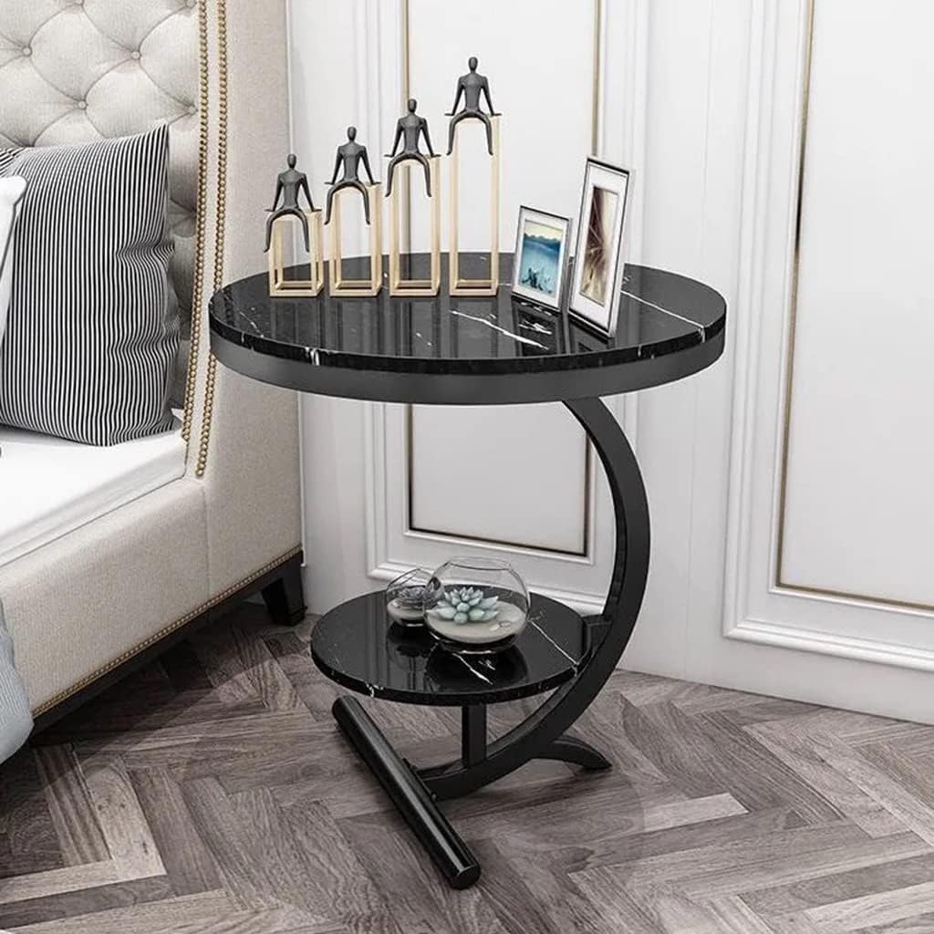 Two-Tier Stylish Round Contemporary Black Marble Side Table
