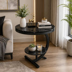 Two-Tier Stylish Round Contemporary Black Marble Side Table