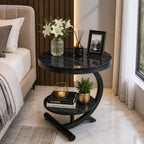 Two-Tier Stylish Round Contemporary Black Marble Side Table