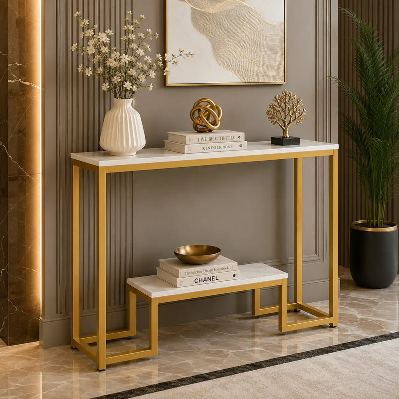 Two-Tier White Marble Gold Console Table