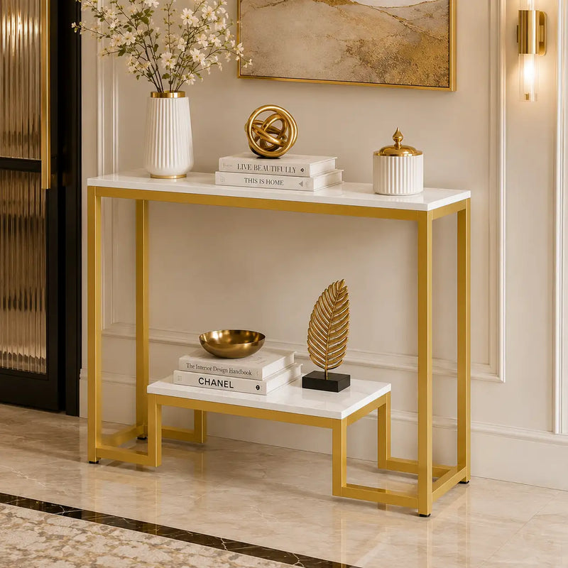 Two-Tier White Marble Gold Console Table