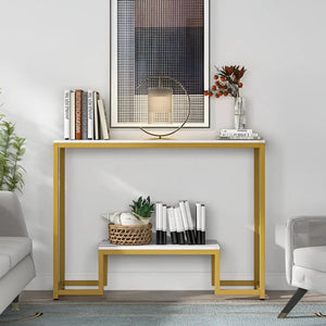 Two-Tier White Marble Gold Console Table