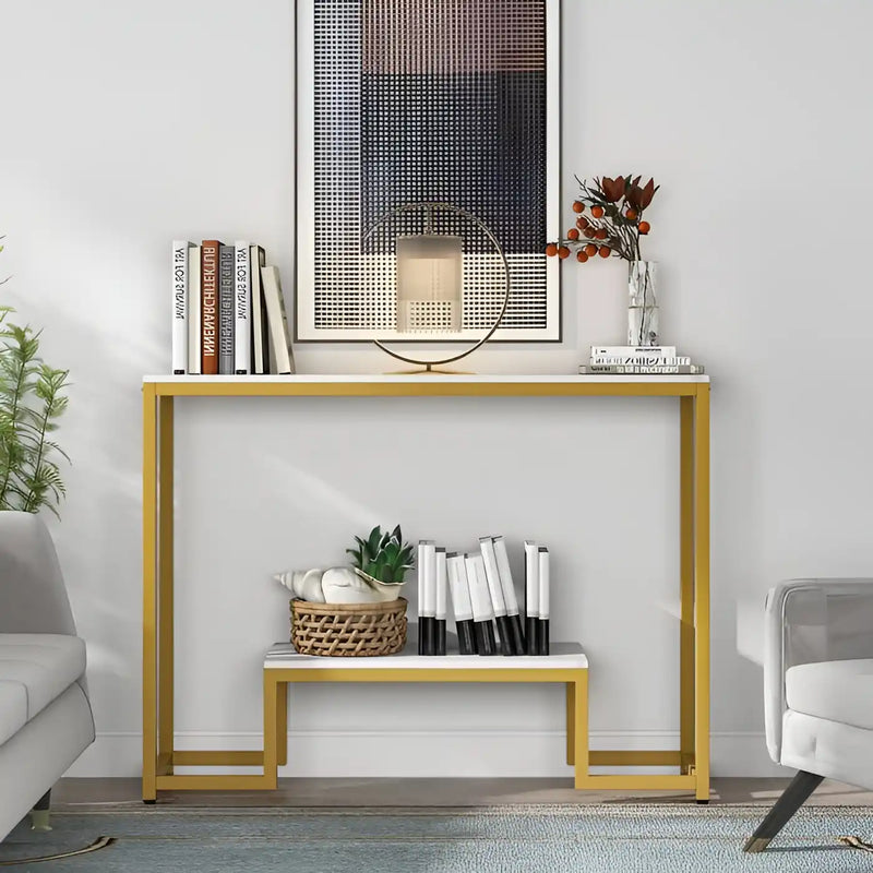 Two-Tier White Marble Gold Console Table
