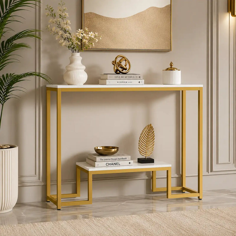 Two-Tier White Marble Gold Console Table