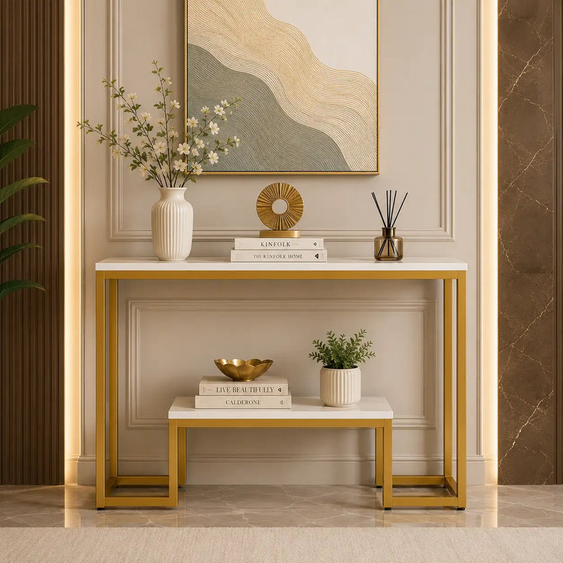 Two-Tier White Marble Gold Console Table