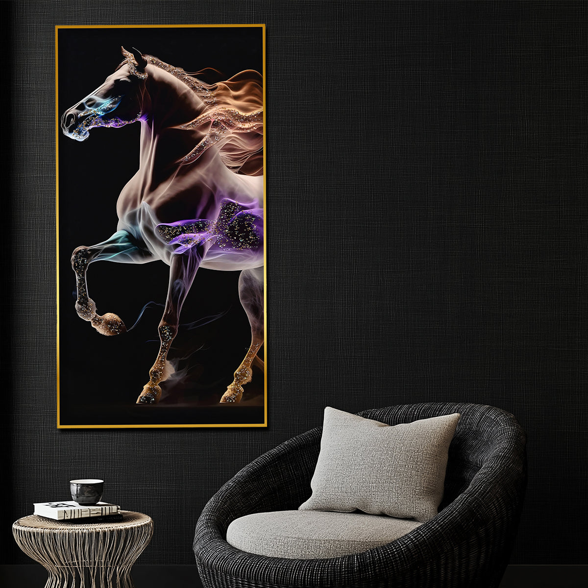 Unicorn with His Fire Horse Framed Crystal Glass Painting