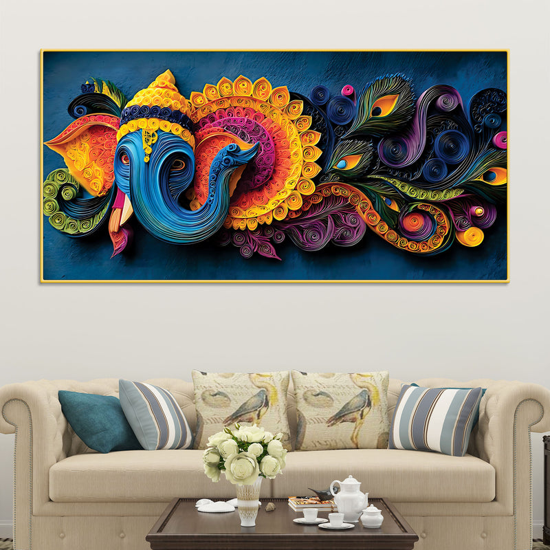 Unique Abstract Quilling Art Styled Lord Ganesha Canvas Wall Painting for Home & Office Decoration – Modern Spiritual Wall Decor