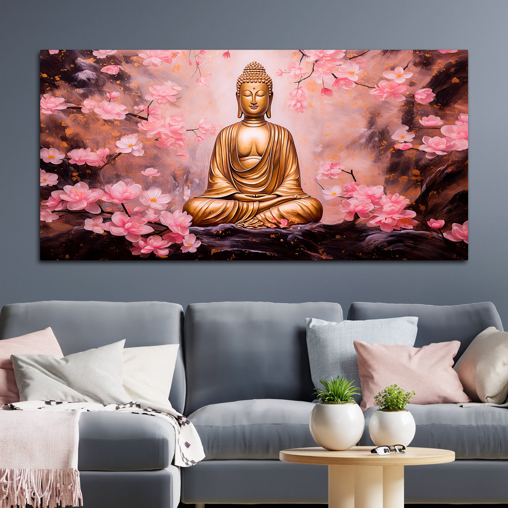 Unique Buddha Wall Painting with Cherry Blossom Theme
