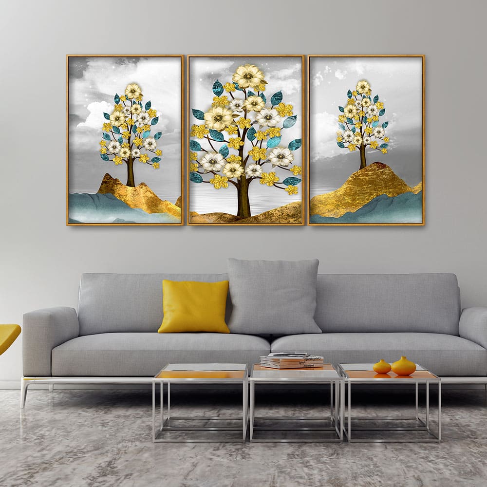 Unique Golden Trees Floating Canvas Wall Painting Set of Three