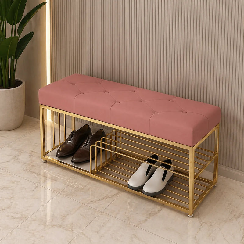 upholstered-pink-velvet-luxurious-golden-shoe-rack-bench-organizer