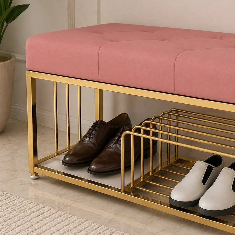 upholstered-pink-velvet-luxurious-golden-shoe-rack-bench-organizer